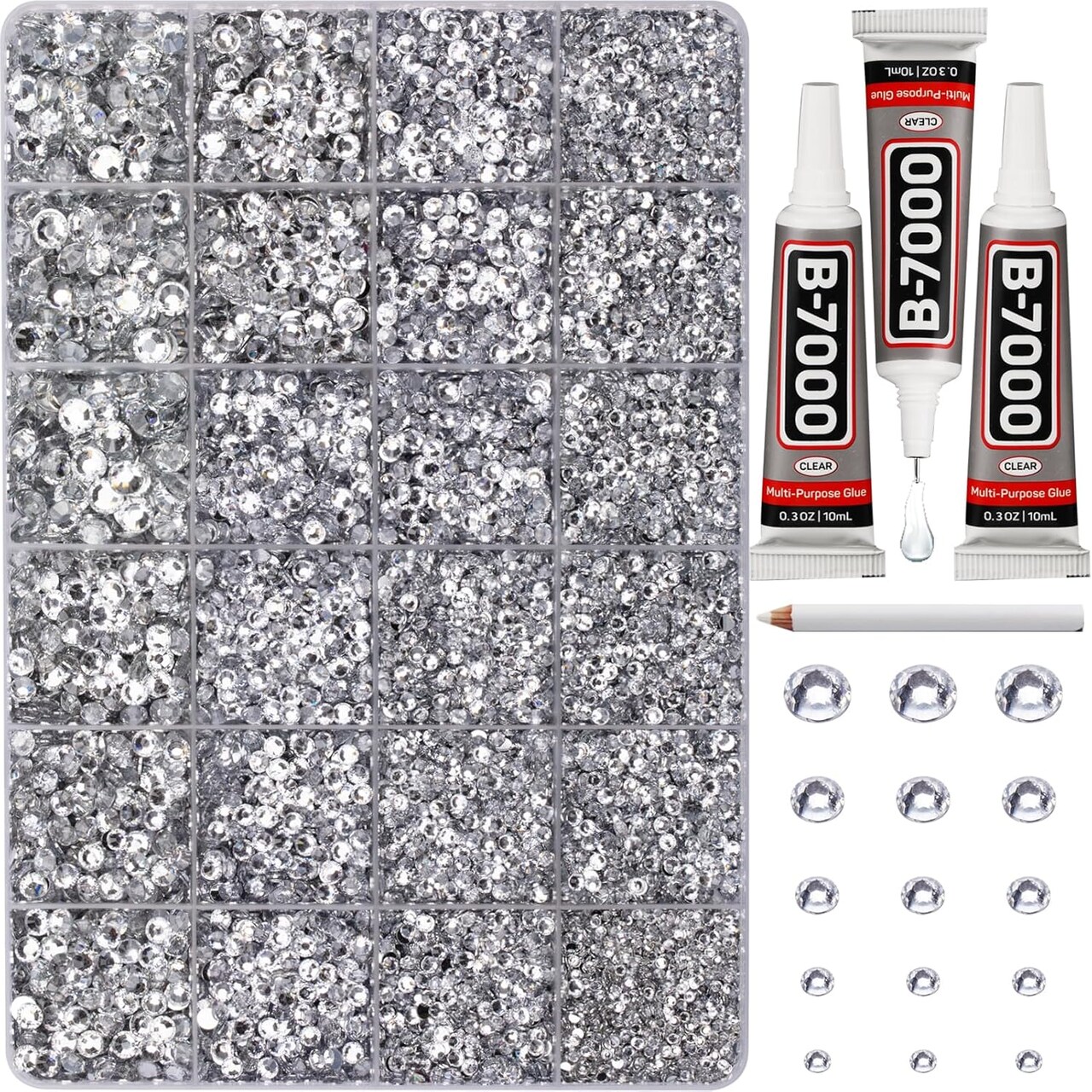 30000Pcs Resin Rhinestones for Crafting Bedazzling, Silver Clear Flatback Gem Jewels for Crafts Clothing Clothes Shoes Fabric Tumbler Nails, Flat Back Mixed Sizes Crystal Bedazzler Kit with b7000 Glue